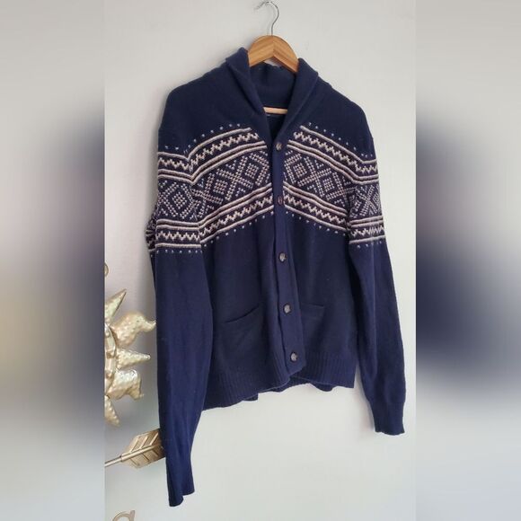JCrew 100% Lambs Wool Navy Blue Patterned Men's Flawed Sweater Size XL - Picture 7 of 12